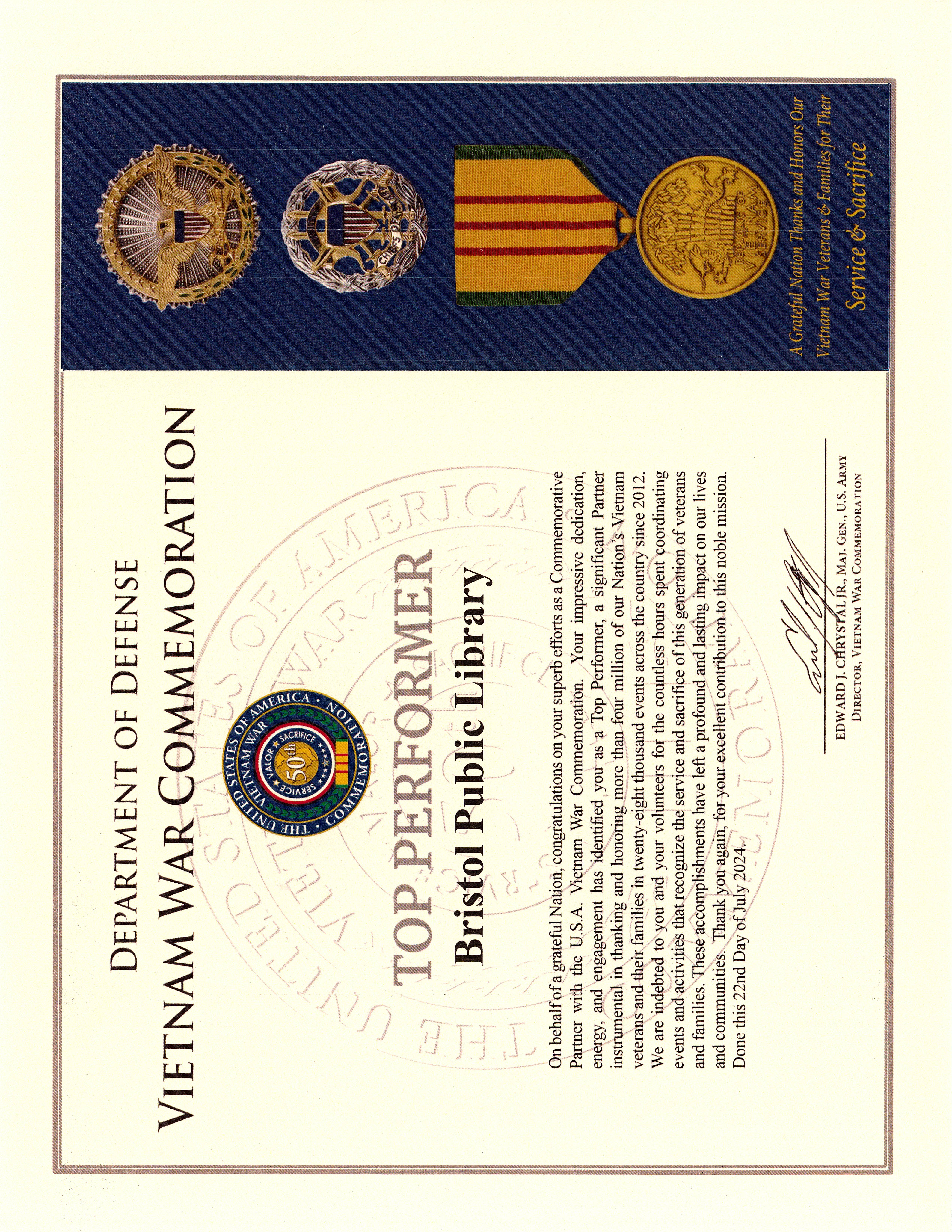 Image of Top Performer certificate awarded to library by department of defense for Vietnam Commemoration. Tan color with blue sidebar on right . Vietnam commemoration symbols.