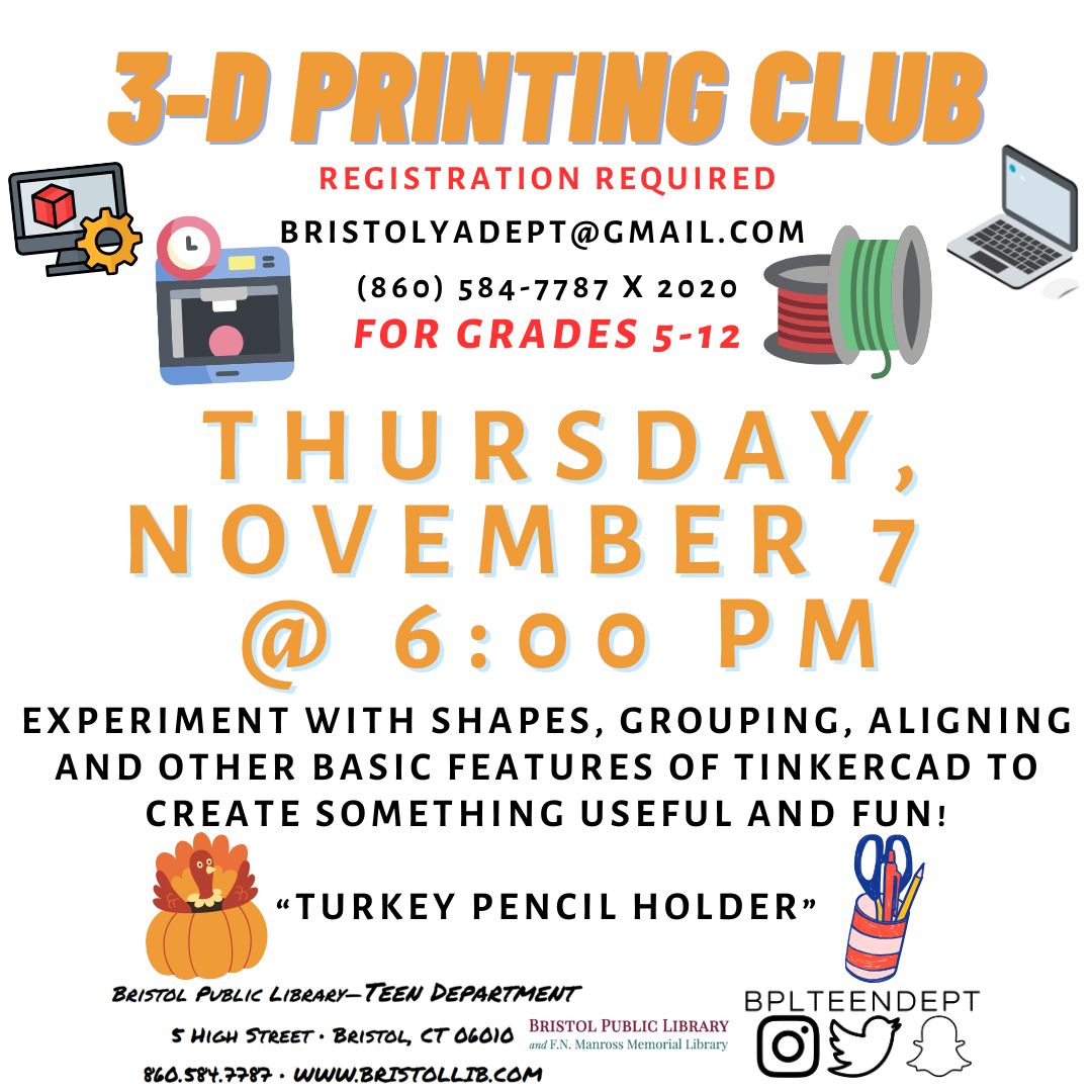 Graphic with 3D printer and supplies in the background and program details in the foreground