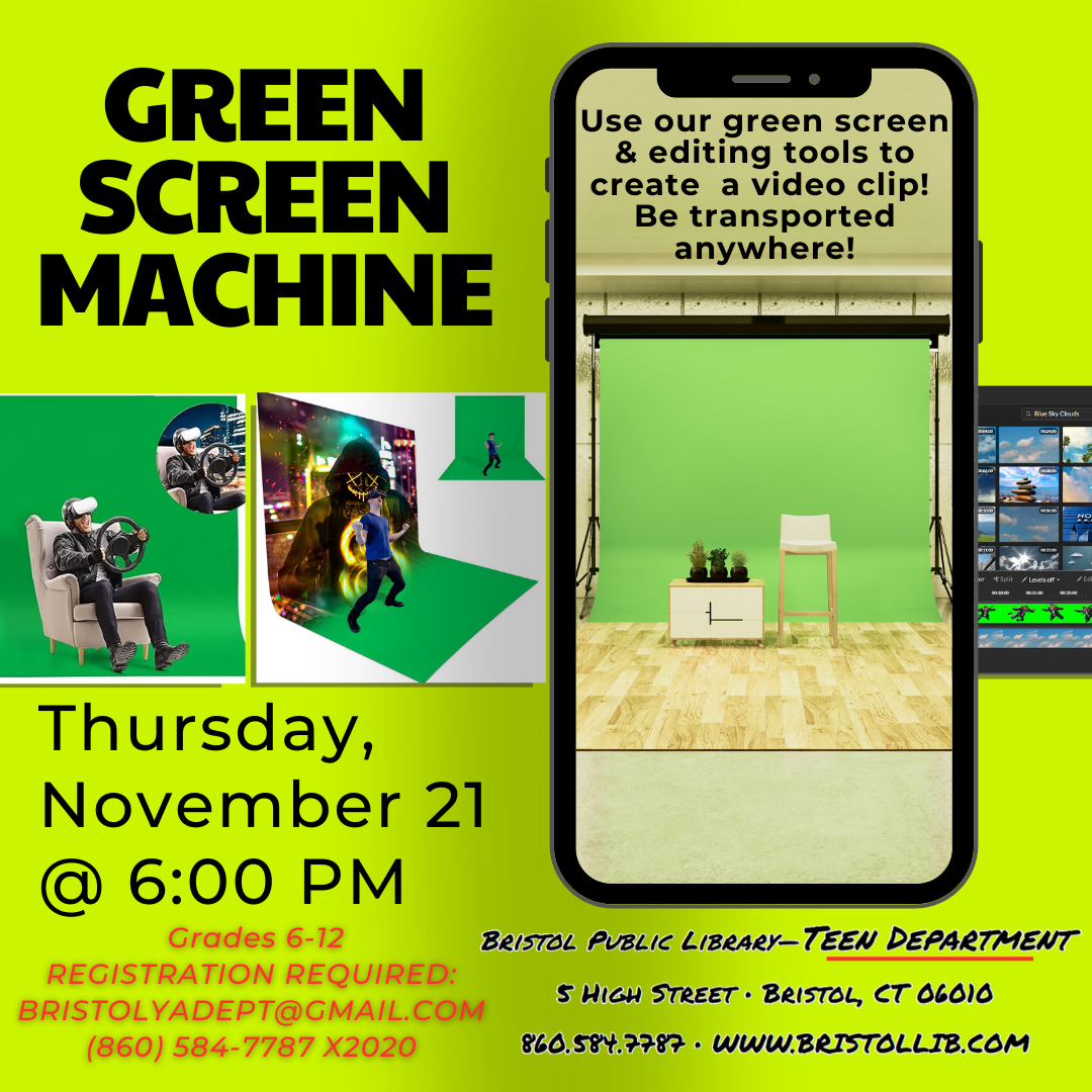 Graphic of green screen materials in the background and program details in the foreground