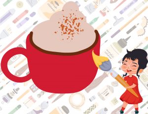 A big, red cup of hot cocoa with a girl holding a big paint brush, on a background of crafting supplies.