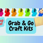 Grab & Go Craft Kits sign with the words Drop In! Multi-colored paint brushes in the background with a hand holding a take-away paper bag.