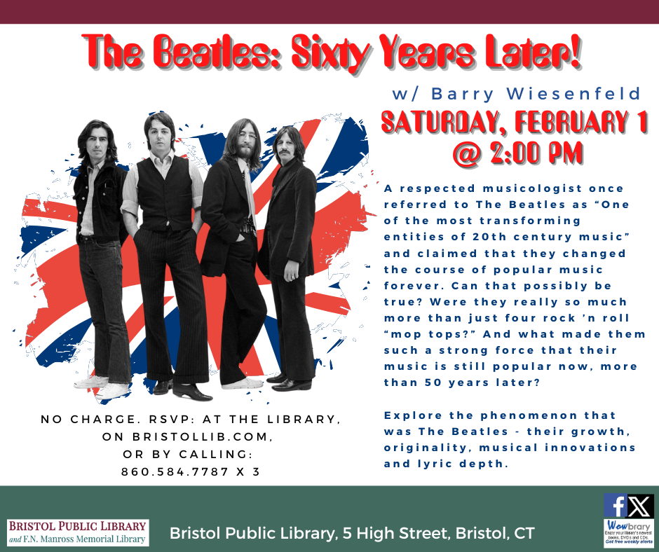 Flier for The Beatles 60 Years Later. The Beatles standing against a British Flag backdrop.