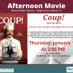 Flier for Film screening of Coup! at Bristol Public Library, January 16 @ 2:00 PM. Man in Chef attire against red background holding glass jar containing another man.