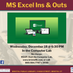 Flier for Excel class at Bristol Public Library, December 18 @ 6:30 PM. Green and white Excel logo