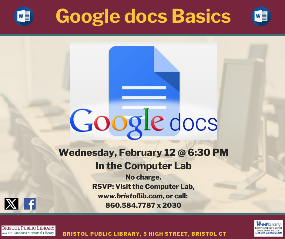 Google docs class flier. February 12 at 6:30 PM. Google docs logo.