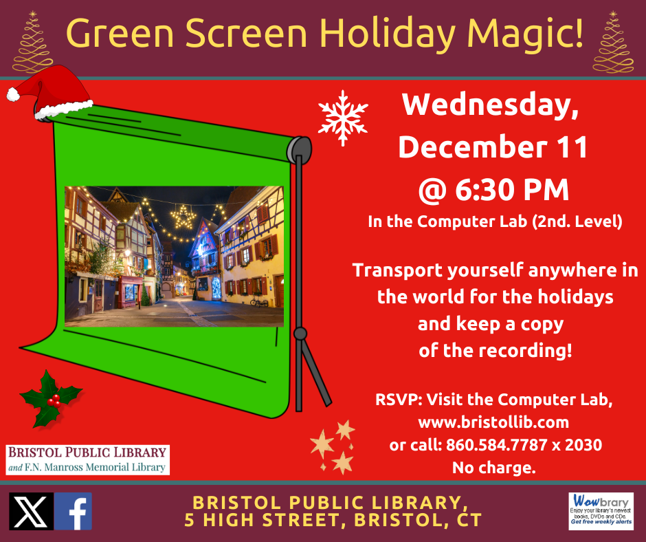 Green Screen Holiday workshop flier. December 11 at 6:30 PM.