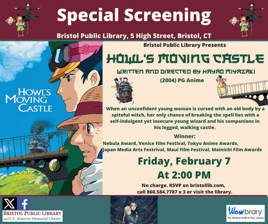 Flier for animated film Howl's Moving Castle at Bristol Public Library, February 7 at 2:00 PM. Animating characters looking at castle with legs approaching.