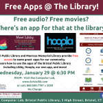 Flier for Apps of Bristol Public Library workshop at Bristol Public Library January 29 at 6:30 PM. Images of App Logos and of the library's own app