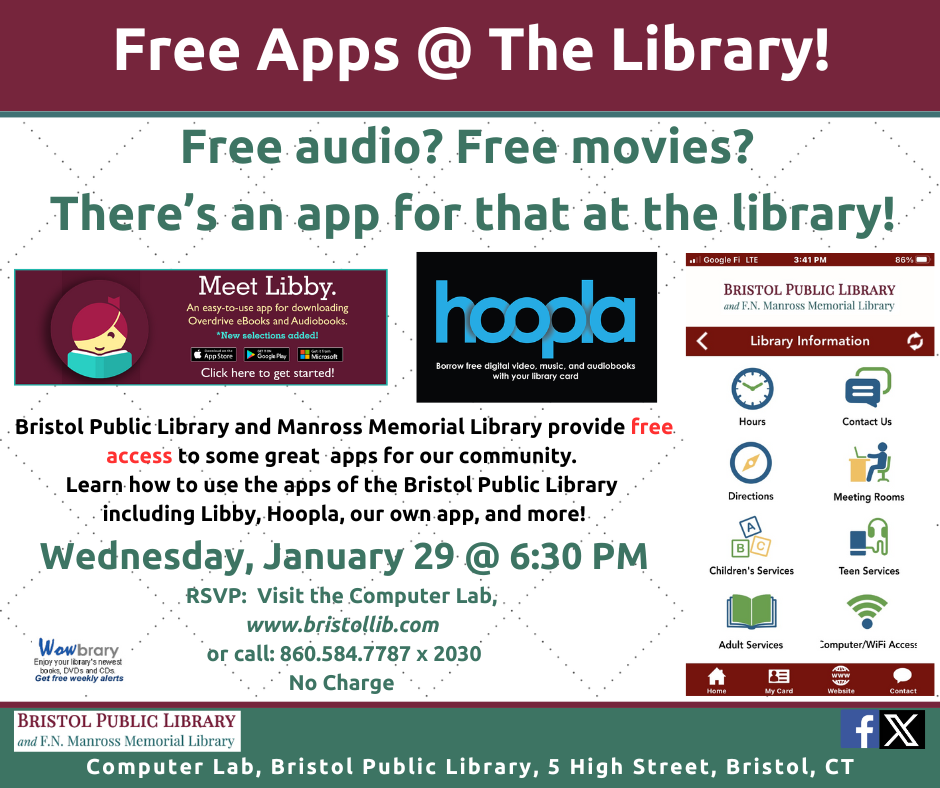 Flier for Apps of Bristol Public Library workshop at Bristol Public Library January 29 at 6:30 PM. Images of App Logos and of the library's own app