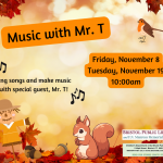 Background of fall leaves with scarecrow and squirrel, with text describing program.