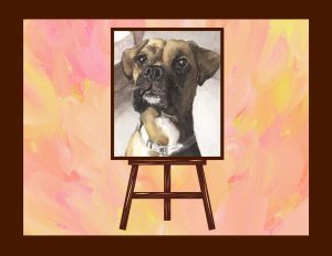 A portrait of a brown dog on an easel with a multi-colored background of pink, yellow & orange.