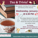 Flier for Tea & Trivia event at Bristol Public Library, January 22 @ 6:30 PM. Teacup in front of pile of books.