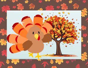 A Thanksgiving turkey with a fall foliage tree on a light blue background with fall leaves.