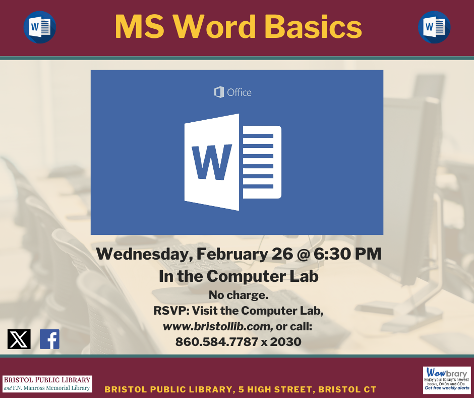 MS Word Workshop Flier on February 26 at 6:30 PM. Blue and white MS Word logo.