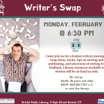 Flier for Writers' Swap at Bristol Public Library, February 3 at 6:30 PM. Man sitting at typewriter surrounded by crumpled of papers