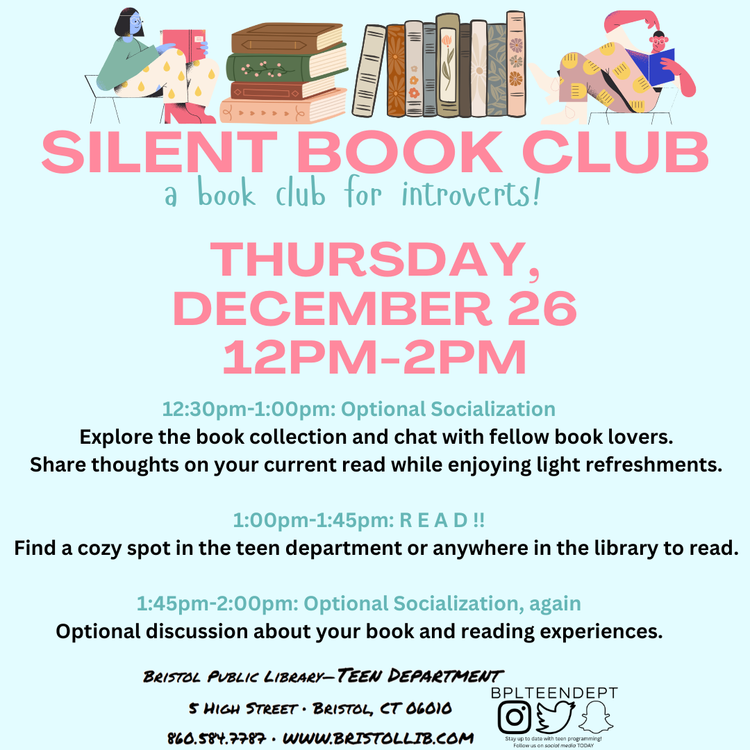 graphic of books and people reading books in the background and information about a silent reading book club on December 26 in the foreground