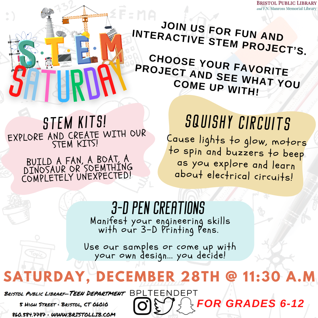 graphic of stem objects in the background and program details for a stem club on December 23rd in the foreground