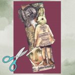 A bookmark made with collage materials including a rabbit, a girl's face, and the words: Take a Journey, Read a Book; on a burgundy and green background.