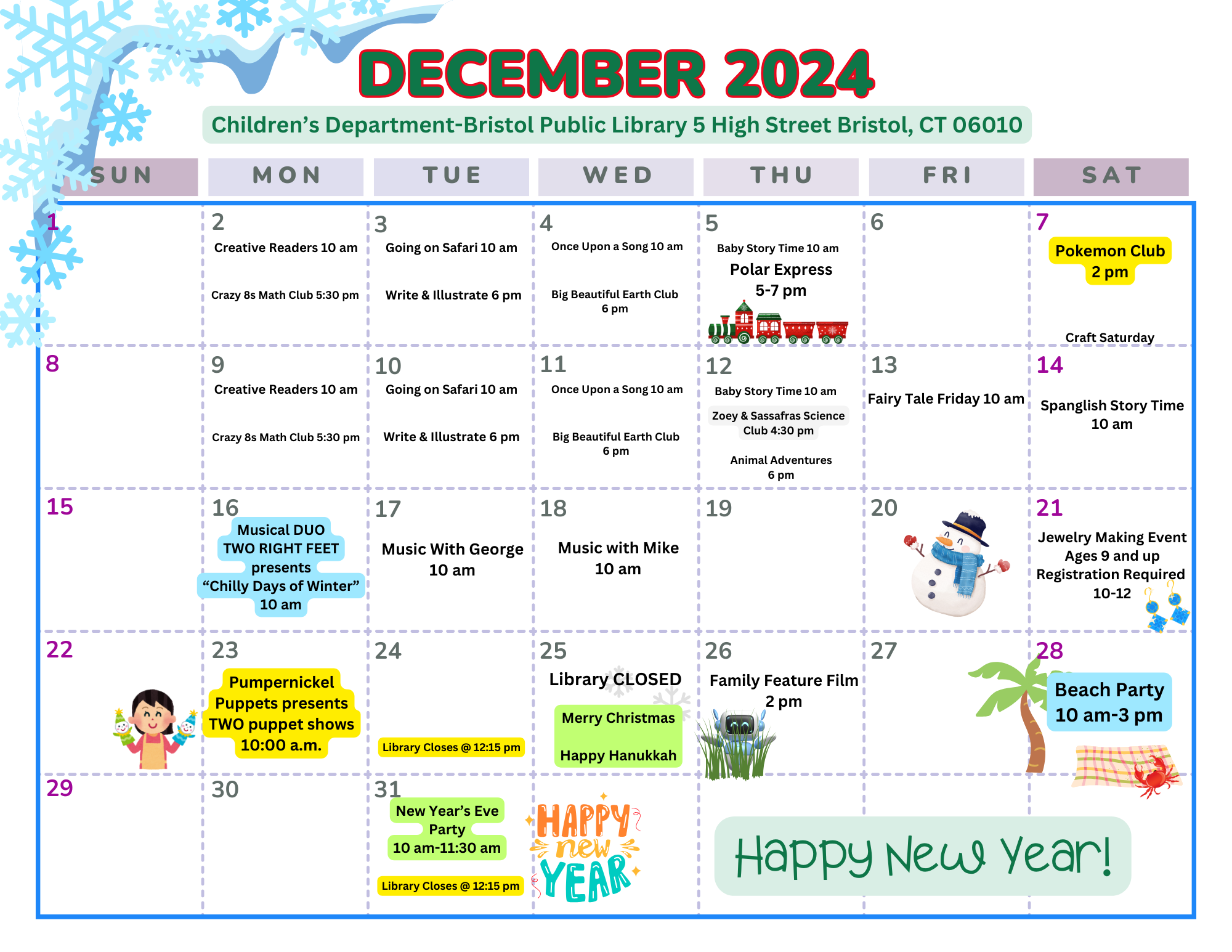 December 2024 Calendar with event listings and snowy imaes