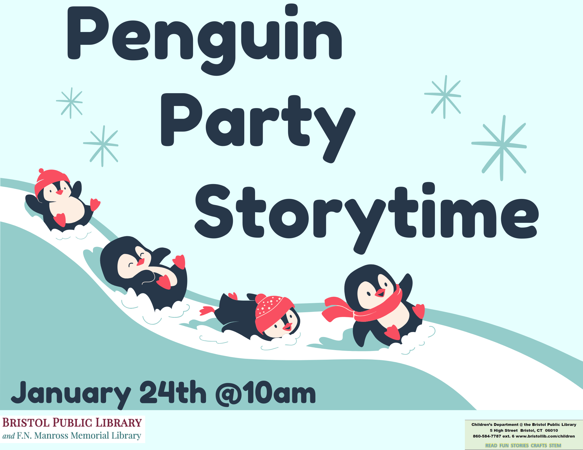 Penguins wearing red hats and scarves slide down a snowy hill.