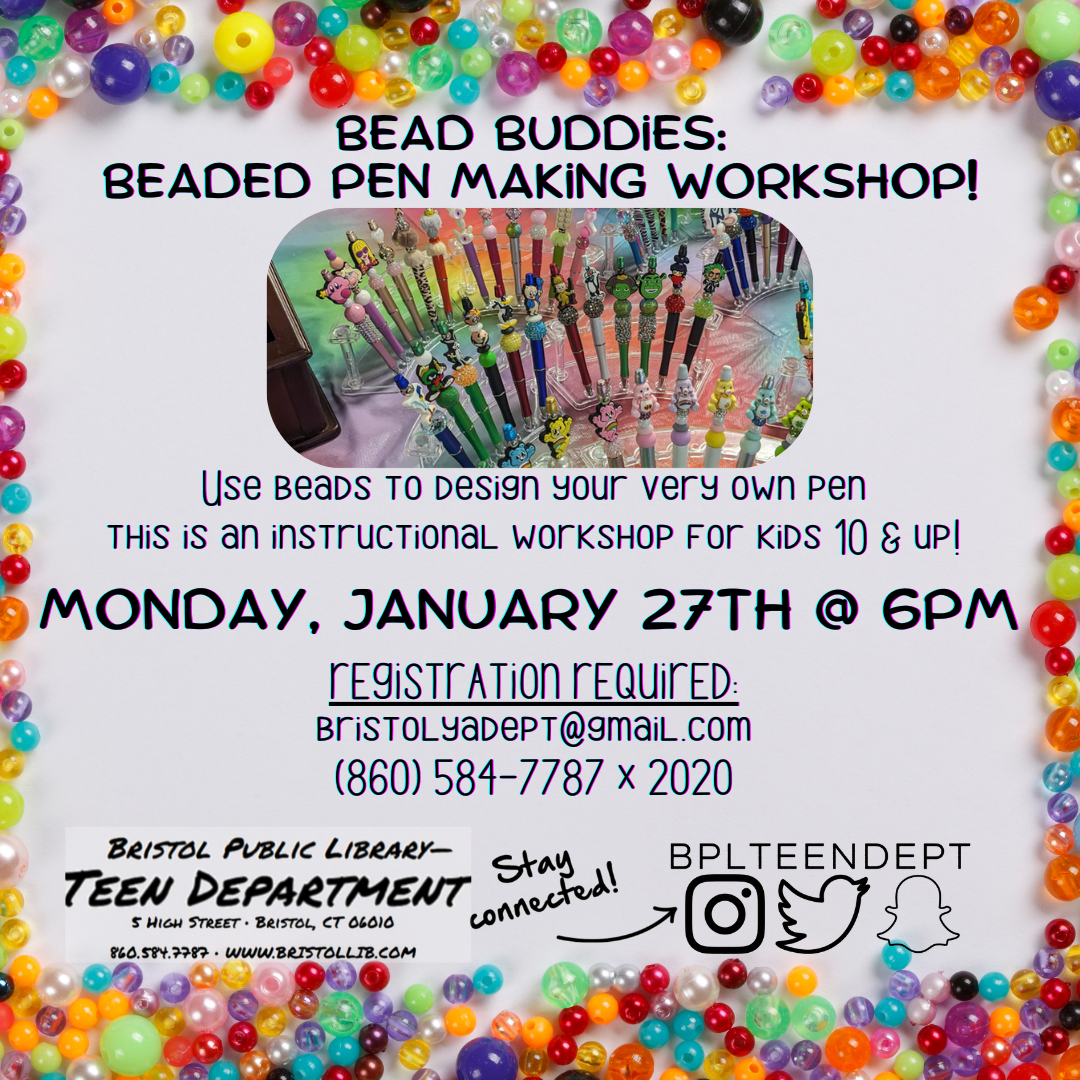 graphic of beads in the background and program details in the foreground 