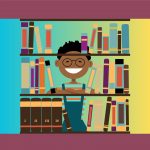 A boy sitting among shelved library books on a multi-colored background.