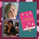 Two female romance writer authors and a pink book that says "Romance" on a teal & burgundy background with pink hearts.