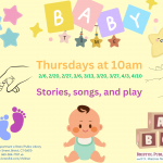 Pale yellow background with baby, blocks, and baby footprints in pastel colors.