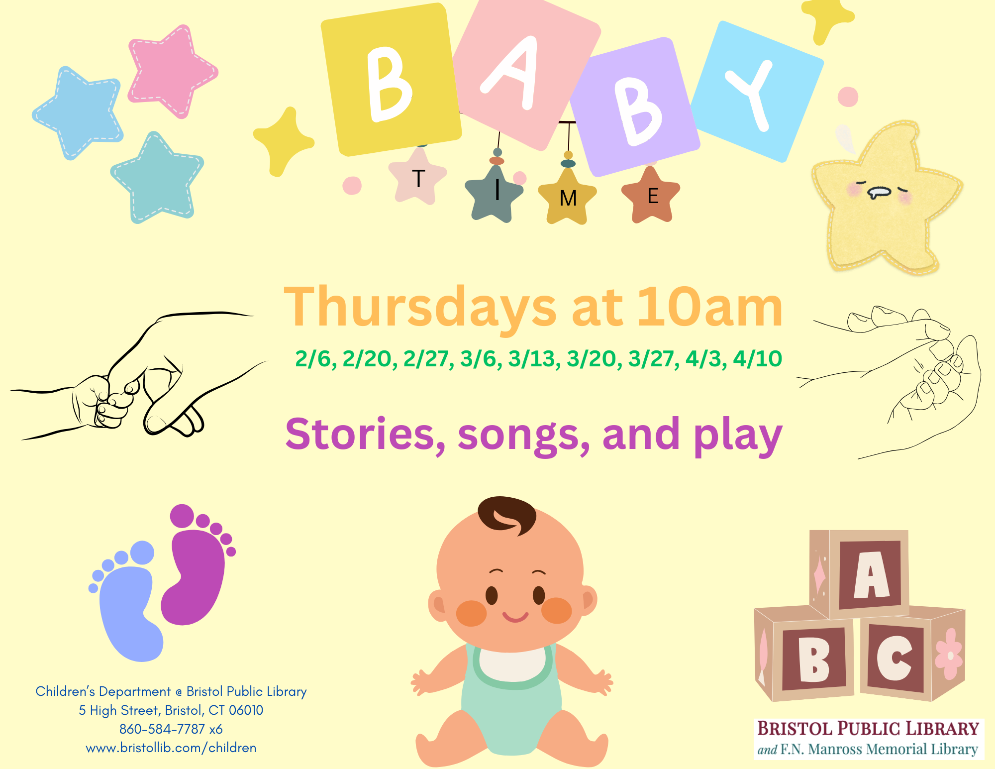 Pale yellow background with baby, blocks, and baby footprints in pastel colors. 