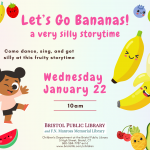 Cute fruit and a silly dancing girl surround pink text