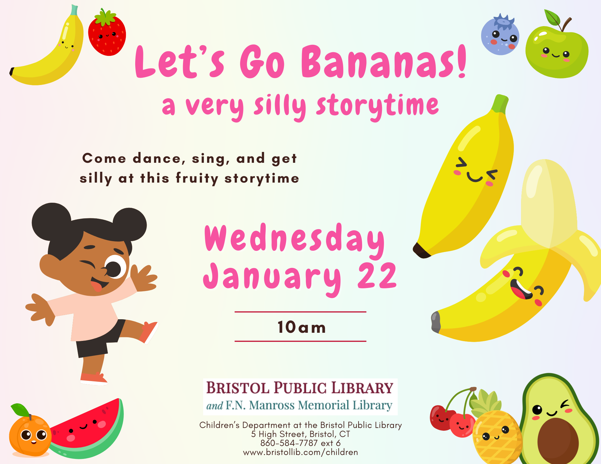 Cute fruit and a silly dancing girl surround pink text