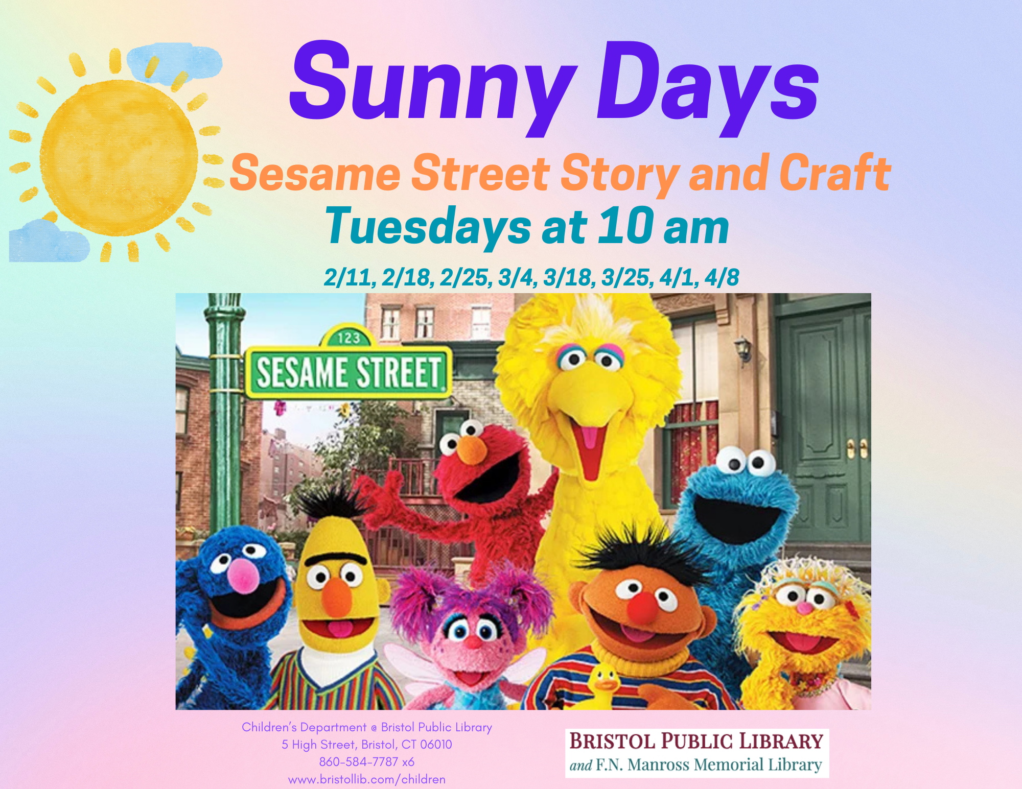 Sesame street puppets in front of street sign on pastel background.