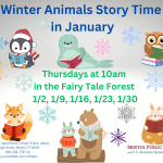 Penguin, seal, owl, fox, bear, and bunny reading books on snowy background.