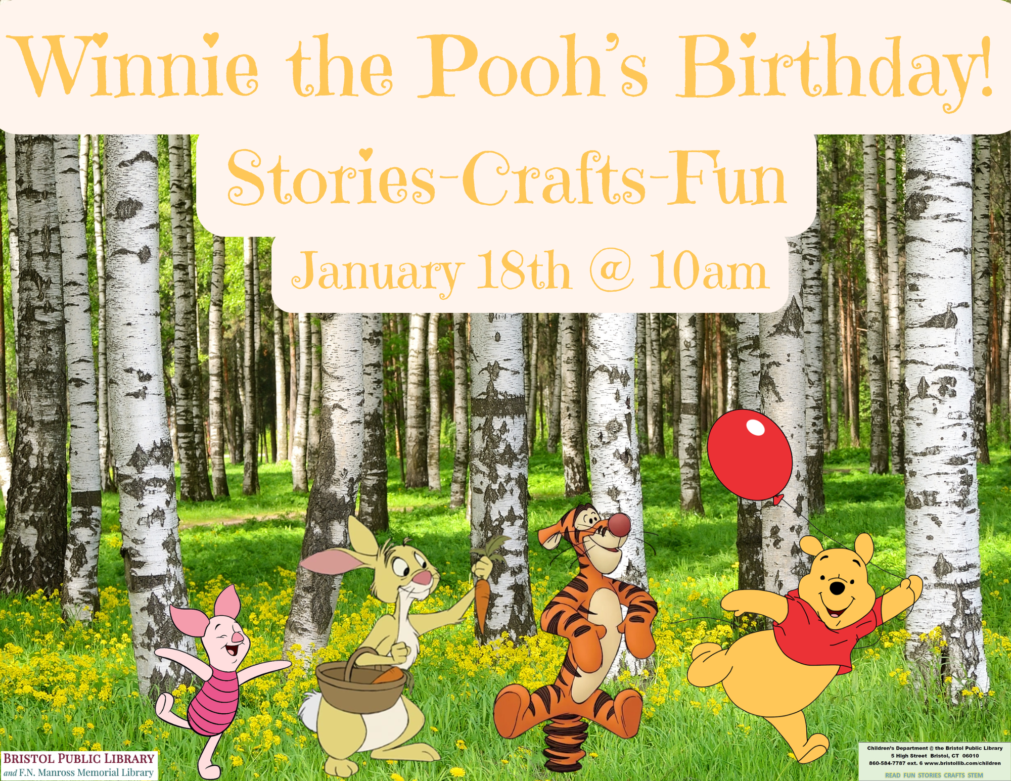 Characters from Winnie the Pooh books stand in a forest.