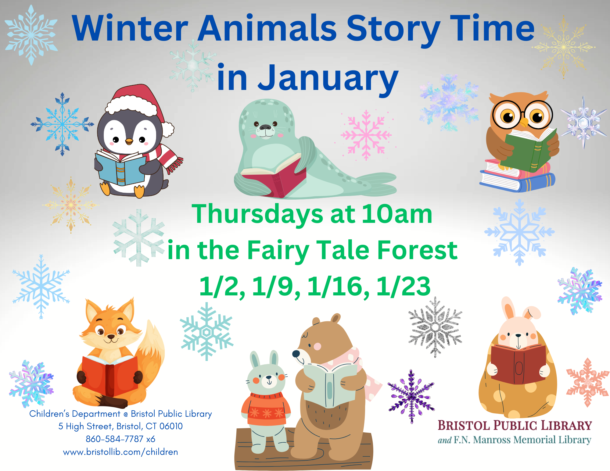 Penguin, seal, owl, fox, bear, and bunny reading books on snowy background.