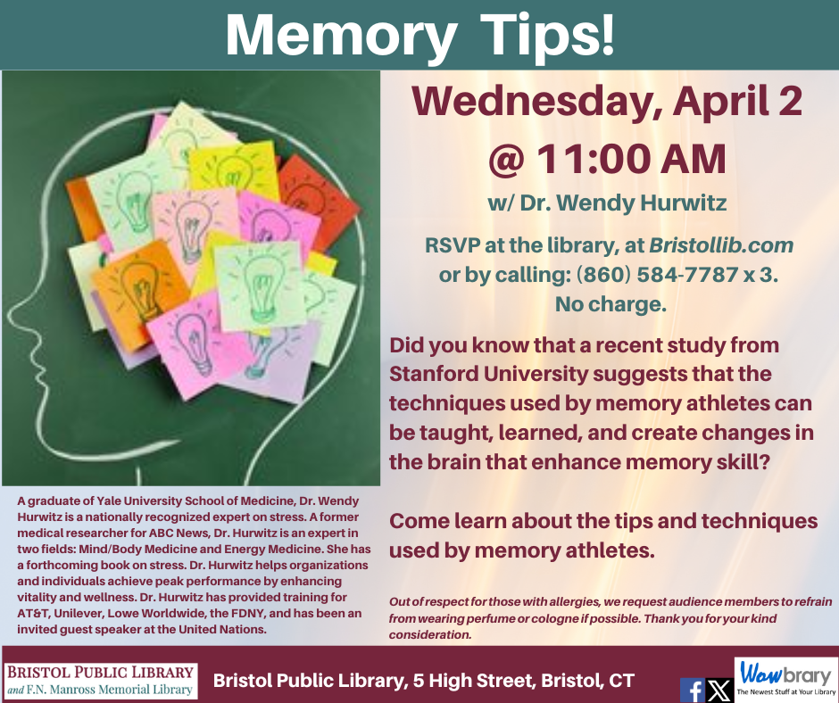 Flier for Memory tips program, April 2 @ 11:00 AM. Colored sticky notes superimposed upon the outline of a human head