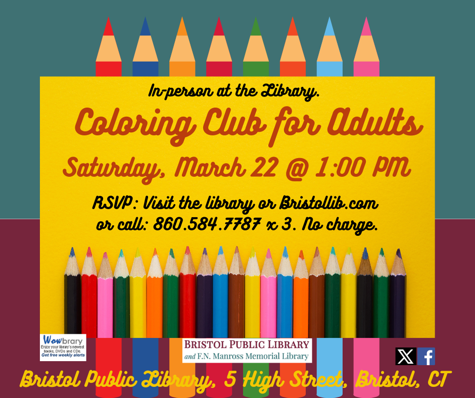 Flier for Coloring Club on March 22 @ 1:00 PM. Colored pencils above and below event information.