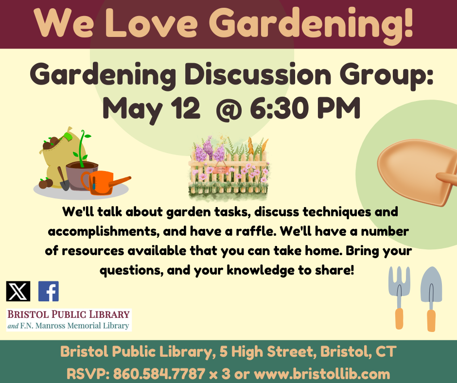 Flier for Gardening Discussion Group April 14 @ 6:30 PM. clip art images of flowers and gardening supplies