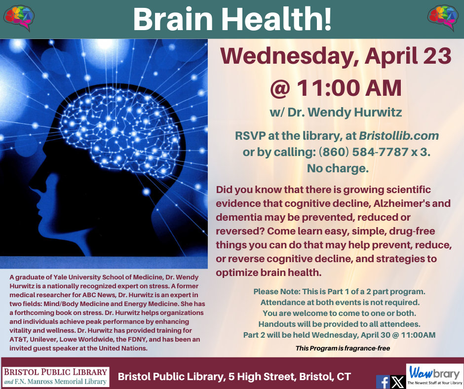 Flier for Brain health program April 23 @ 11:00 AM. Outline  of human profile with bright spots of light against a blue background