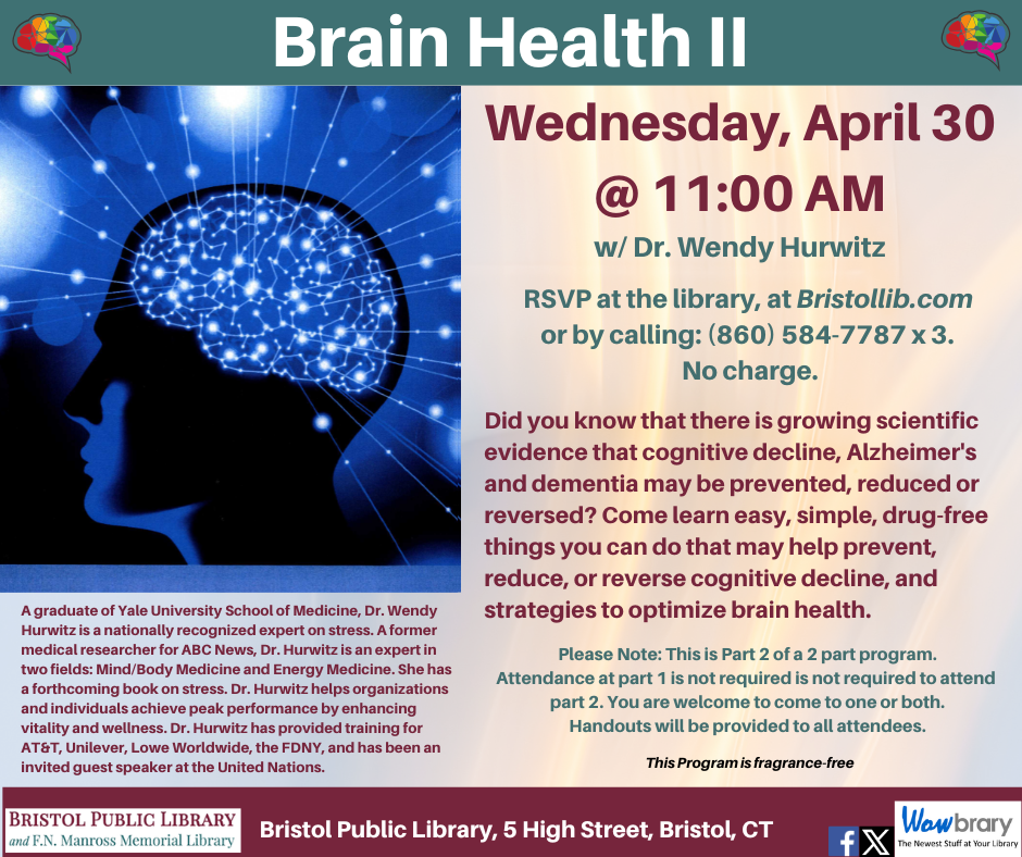 Flier for Brain Health II program April 30 @ 11:00 AM. Outline of human profile with bright spots of light against a blue background