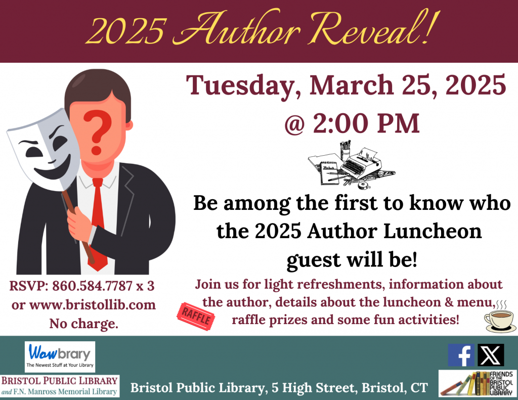 Flier for 2025 Author reveal event. Male figure with face covered by question mark.