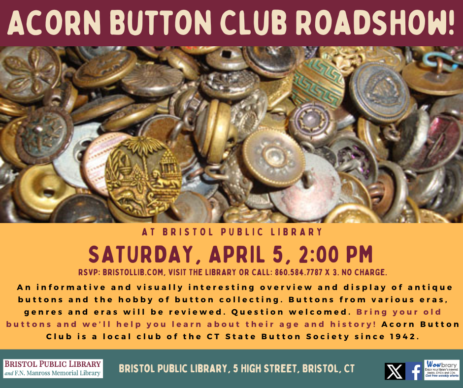 Flier for Button Roadshow April 5 @ 2PM. Antique buttons against gold background.  