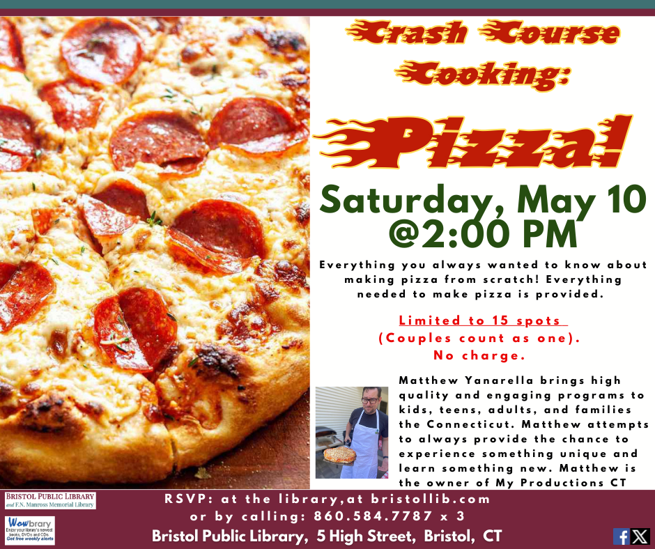 Crash Course Cooking: Pizza flier. May 10 @ 2:00 PM. Photo of pepperoni pizza