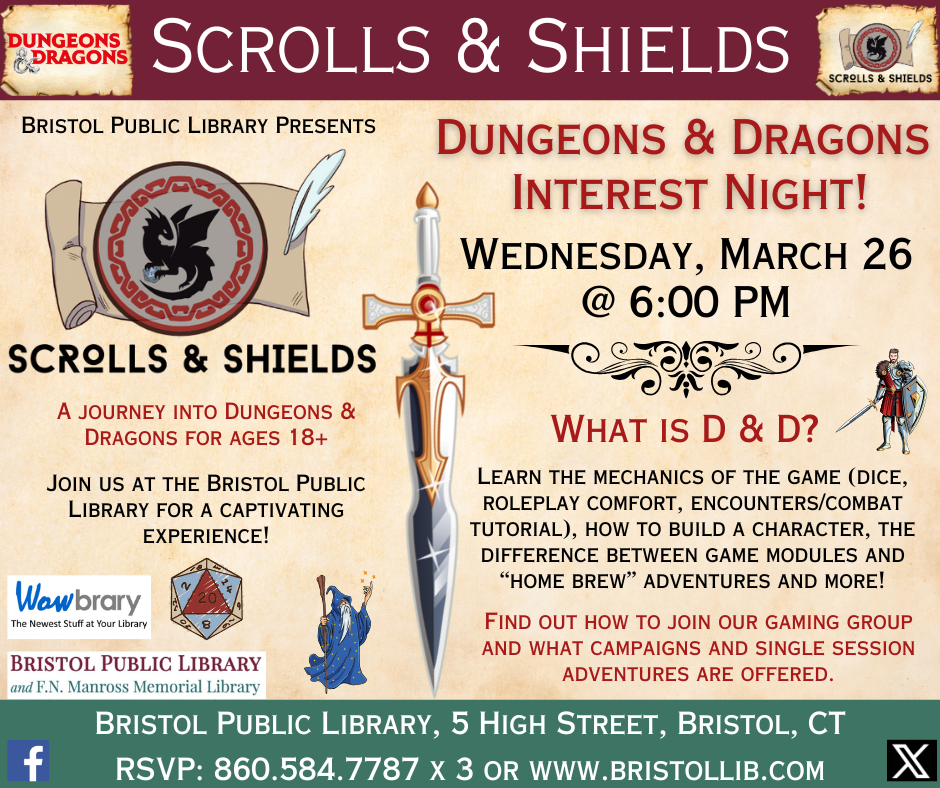 D & D Interest night  Flier for  March 26 @ 6:00 PM. Sword and fantasy character illustrations.