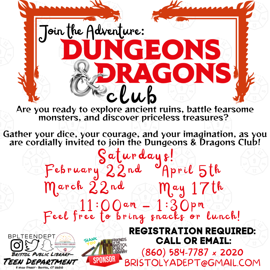 graphic of dungeons and dragons materials in the background and program details in the foreground