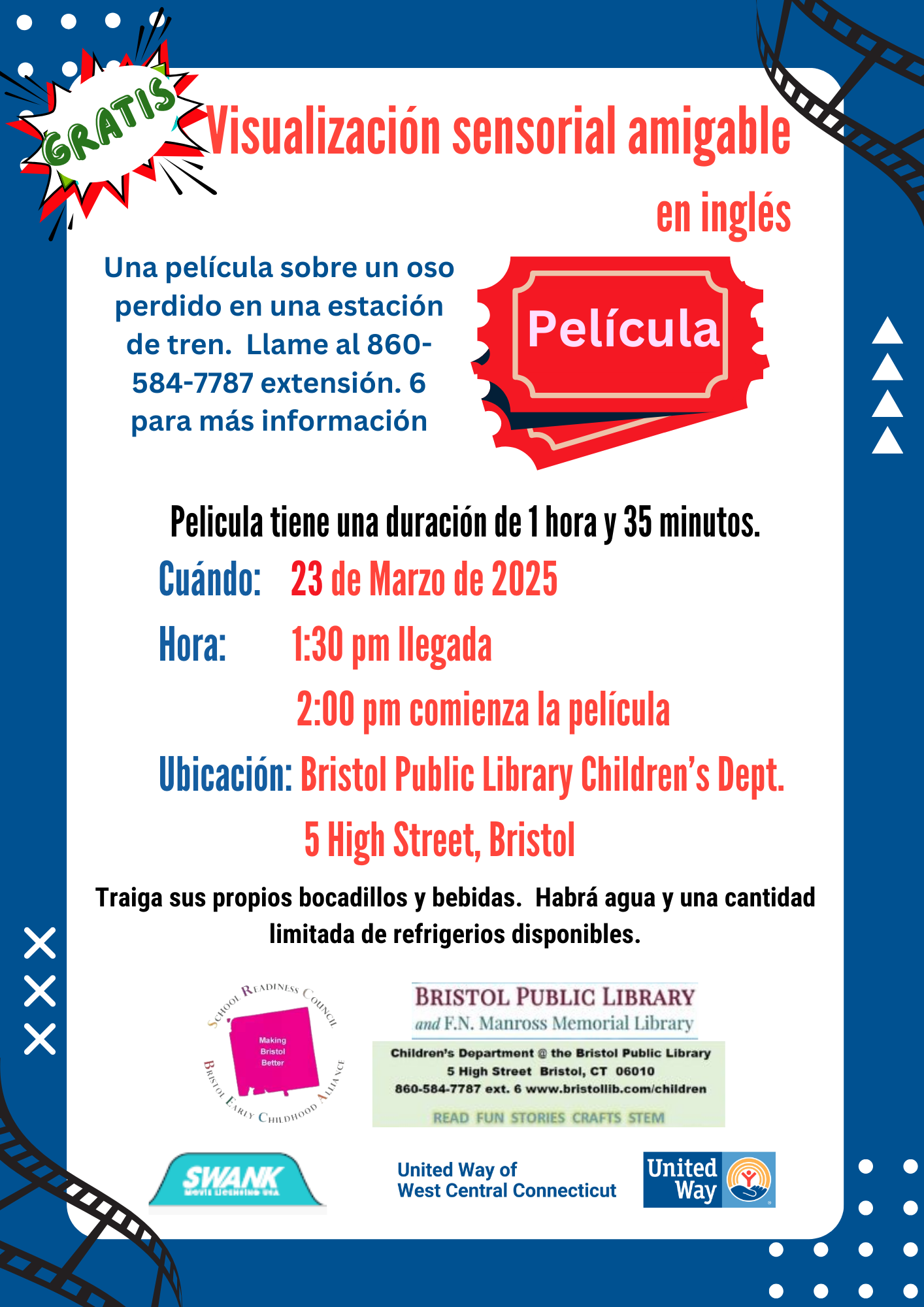 White flyer with dark blue background and red tickets, text in Spanish.