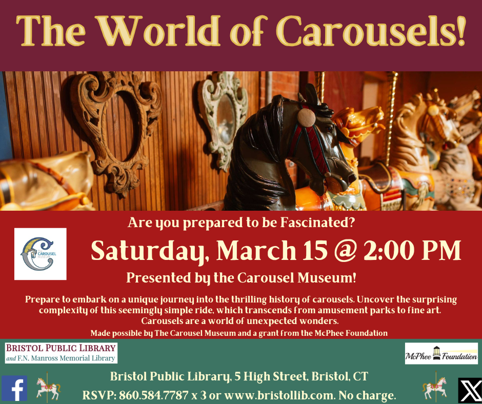 World of Carousels March 15 @ 2:00 PM. Odl Fshioned carousel horses depicted again a wood paneled background.