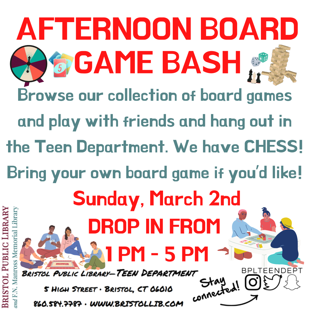 Graphic of promotional flyer with board games in the background and program details in the foreground