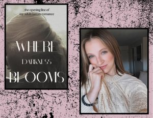 A photo of Author Leslie Bates and her book Where Darkness Blooms, on a pink and black speckled background.