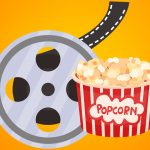 A movie reel with a tub of popcorn on an orange background.